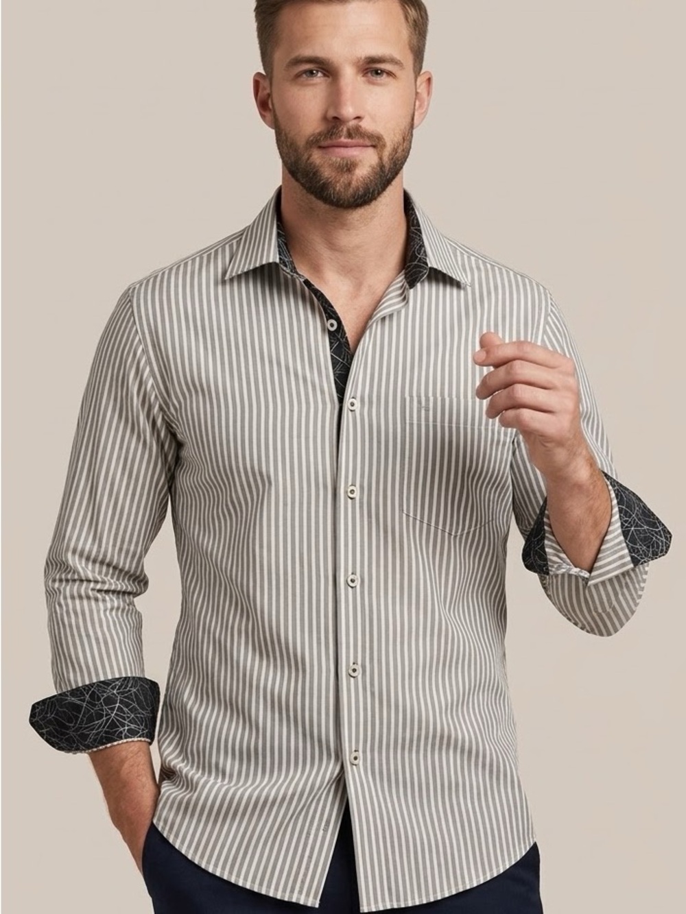 Simon Chang Men's Striped Contrast Cuff Dress Shirt 17 34/35